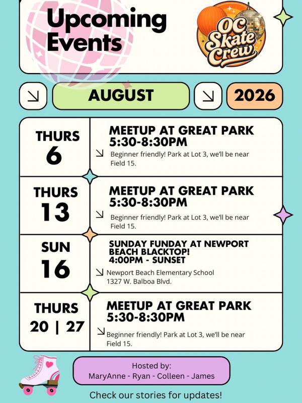 🛼 Hello August! End of Summer is near. Come skate with us at Great Park in Irvine 5:30-8:30pm every Thursday! 