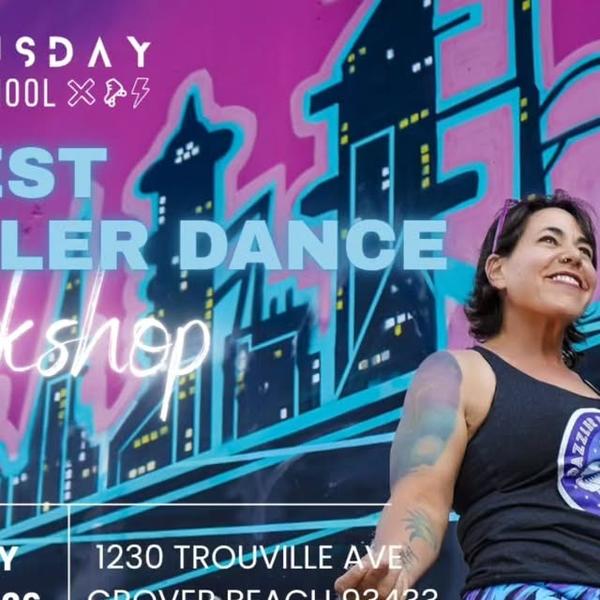 Guest roller dance workshop with Dazzler Roller Dance, hosted at Doomsday's regular Grover Beach class location.