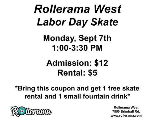 Come skate with us this Labor Day Monday, September 7th from 1:00-3:30. Show this coupon to get 1 free skate rental and 1 small fountain dri