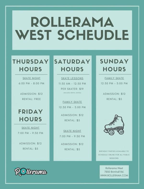 Now that school is back in session, our hours will be changing. These hours are for our Rollerama West location. We look forward to seeing y