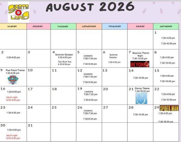 Here is our August schedule. Hope to see you all soon!!