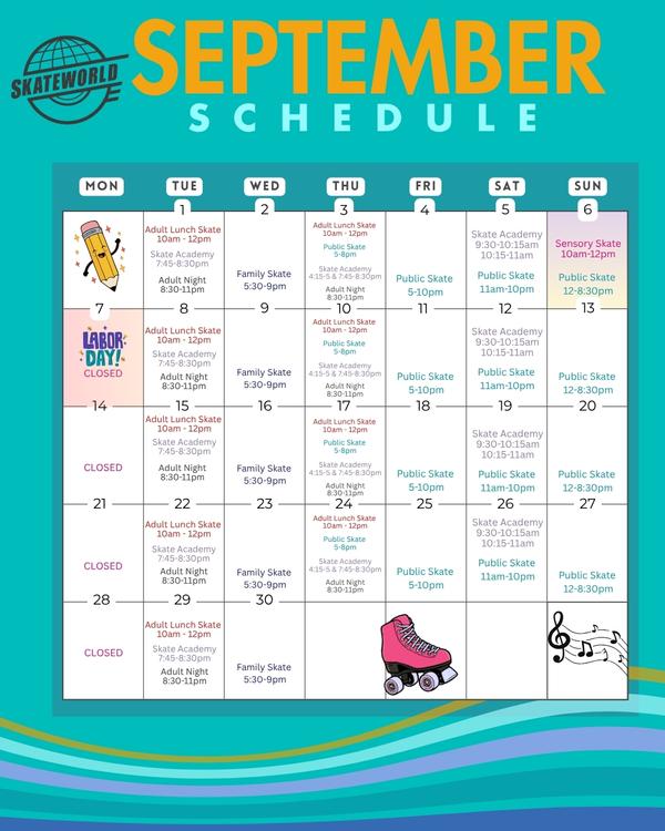 September is here at Skateworld! Check the calendar for Public Skate and Skate Academy classes.
