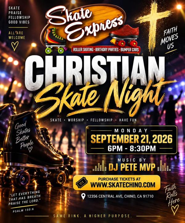Christian Skate Night — Sept 21, 6–8:30pm. Family-friendly fellowship and skating.